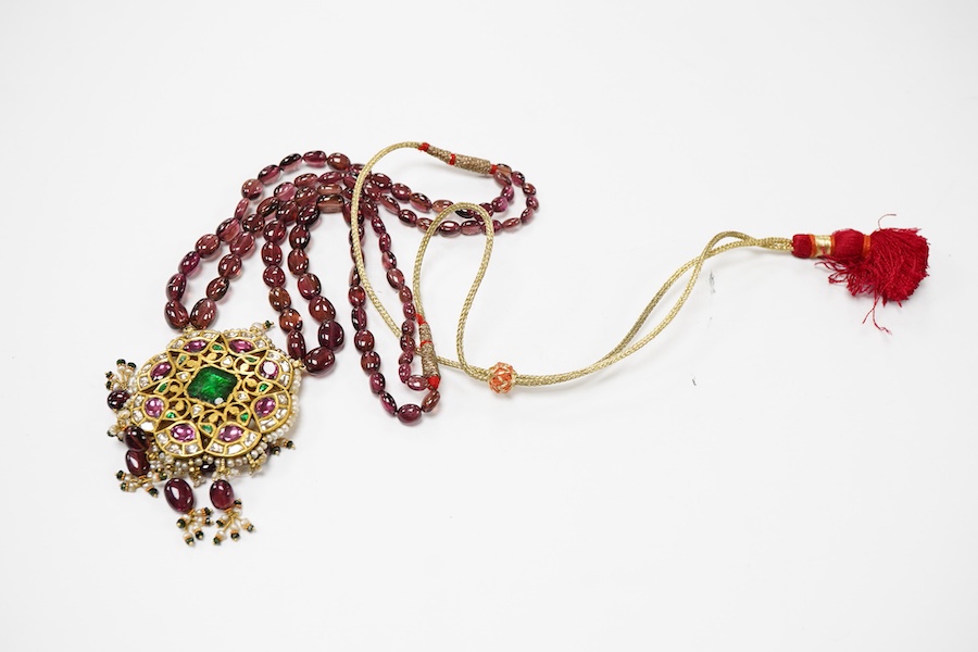 A tourmaline, emerald, seed pearl and diamond necklace, India, 20th century